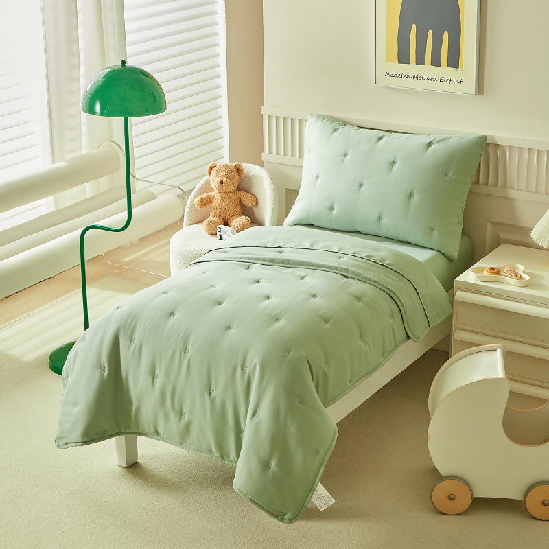 DuShow Green 4 Piece Toddler Bedding Set for Boys Girls,Embroidery Microfiber Crib Bed Sheets Set Soft Boho Comforter Set Bed in a Bag,Include Quilted Comforter,Flat Sheet,Fitted Sheet,Pillowcase - Image 1